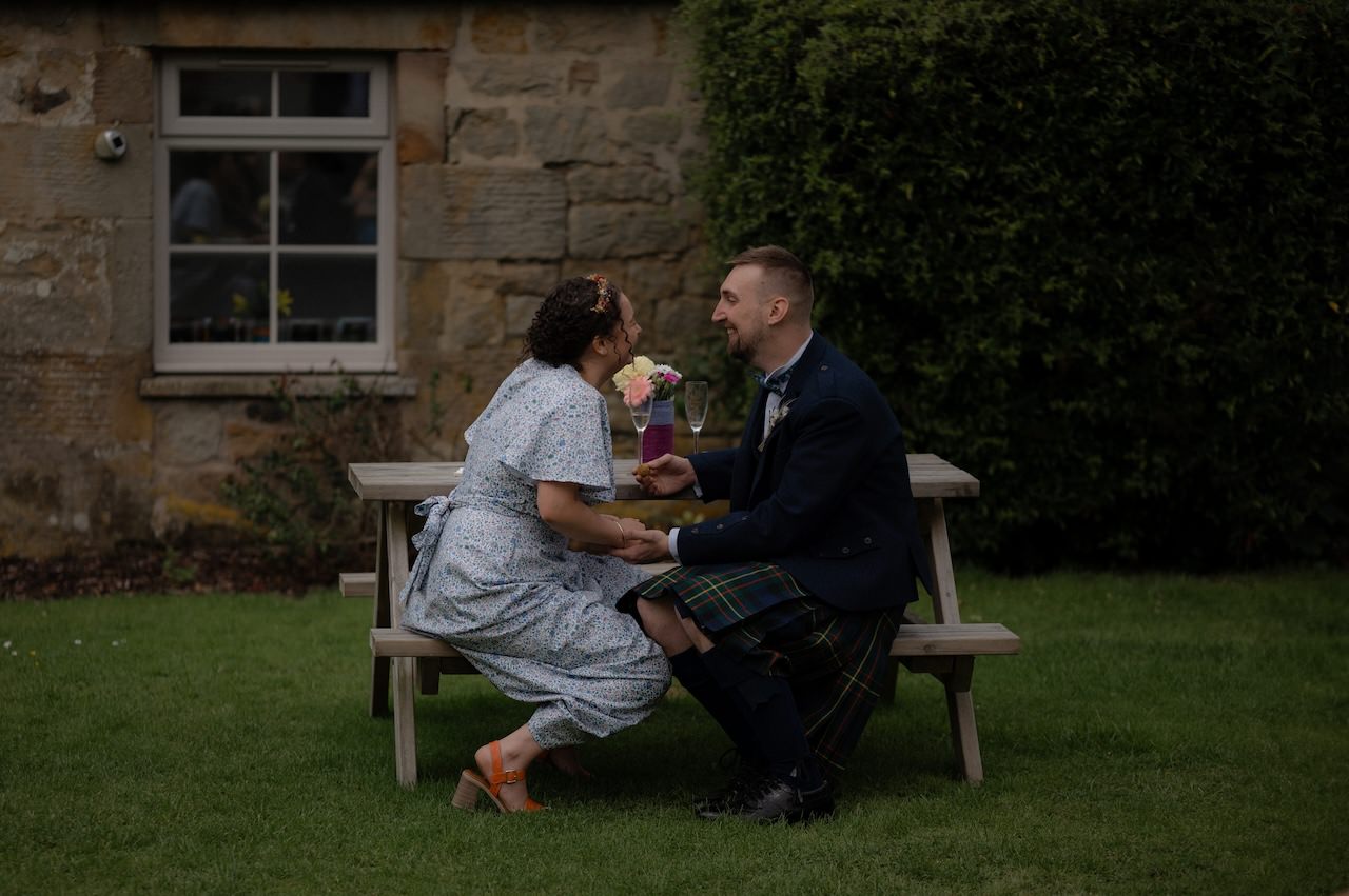 Bride and Groom Harburn Barn Garden Candid Photography