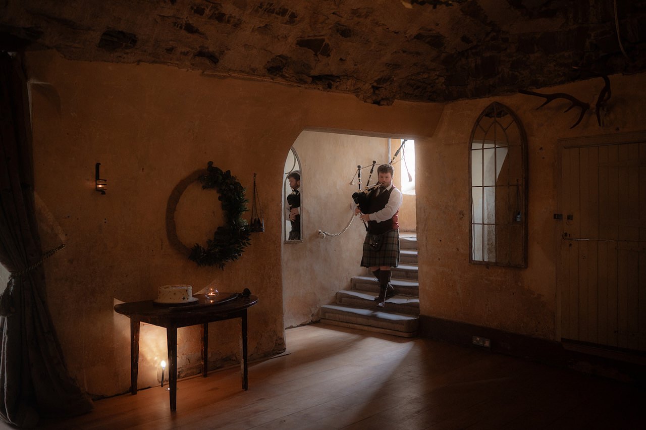 Medieval Neidpath Castle Wedding  Ceremony Highland Piper