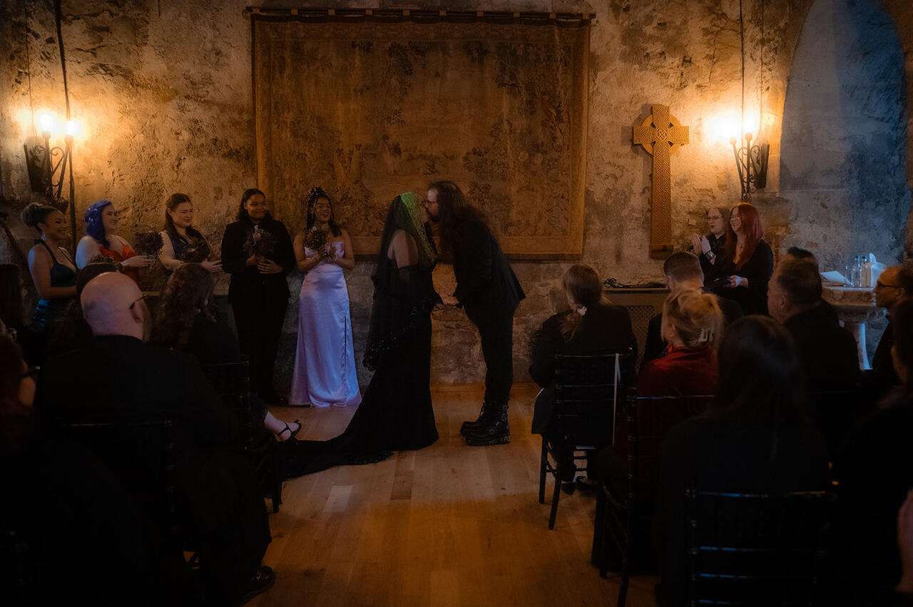 Dundas Castle Gothic Wedding Ceremony First kiss