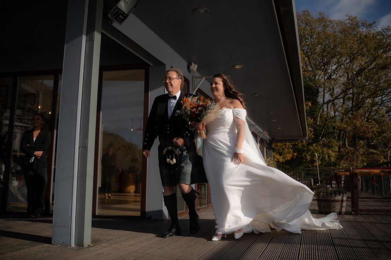 5 Reasons that make Venachar Lochside Venue Amazing for cosy, intimate weddings 13 Venachar Lochside Wedding ceremony father walking with bride to the aisle