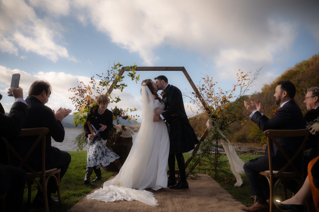 5 Reasons that make Venachar Lochside Venue Amazing for cosy, intimate weddings 21 Venachar Lochside Ceremony first kiss