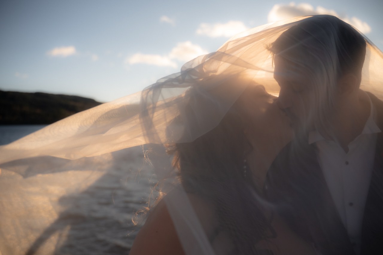 5 Reasons that make Venachar Lochside Venue Amazing for cosy, intimate weddings 25 Venachar Lochside sunset wedding veil and kiss